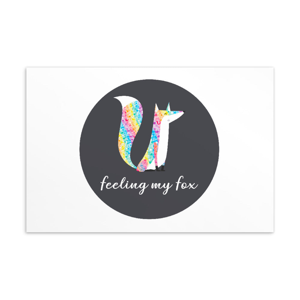 Postcard featuring two colorful foxes and the words “feeling my fox”