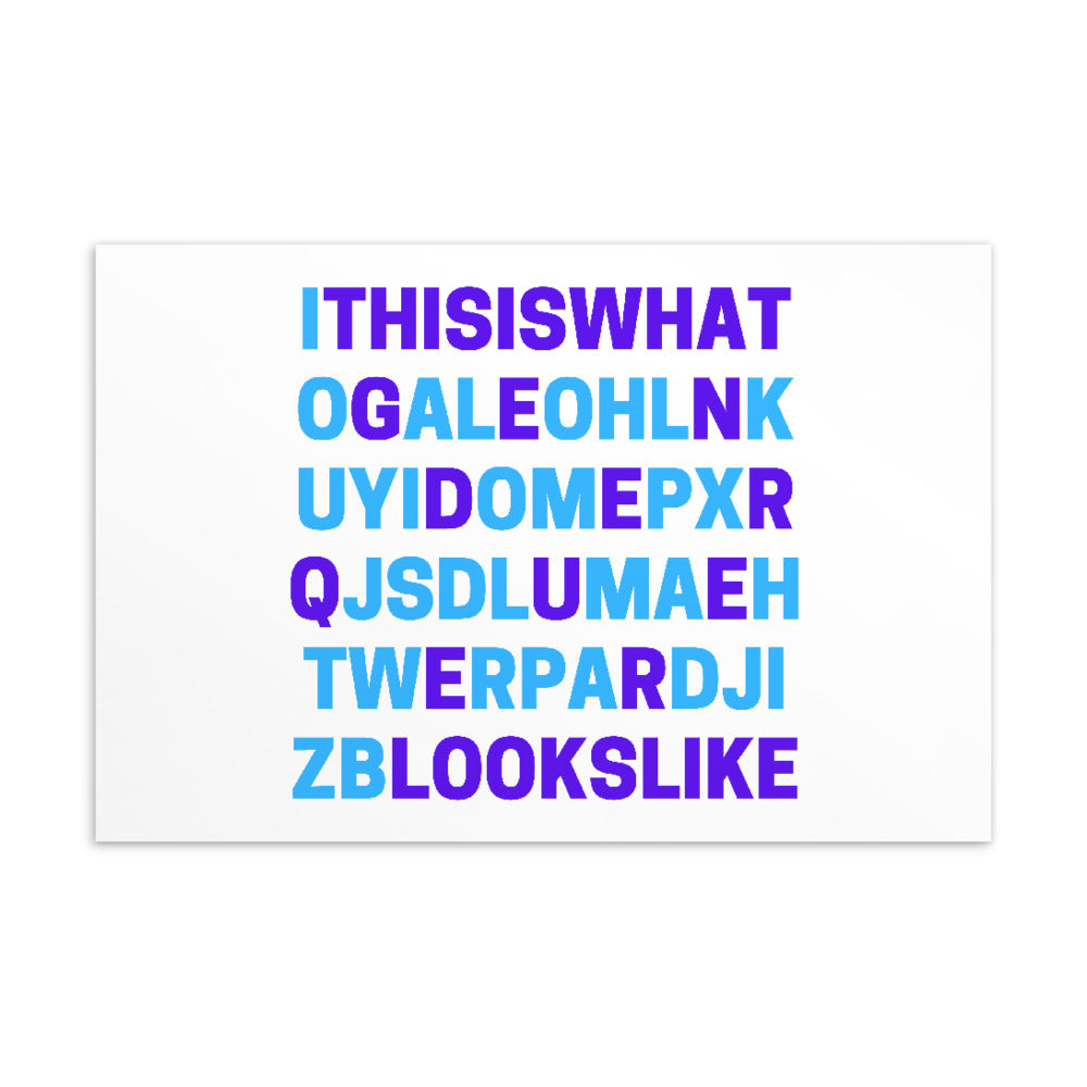 Genderqueer postcard reading “THIS IS WHAT GENDERQUEER LOOKS LIKE” in blue and purple lettering