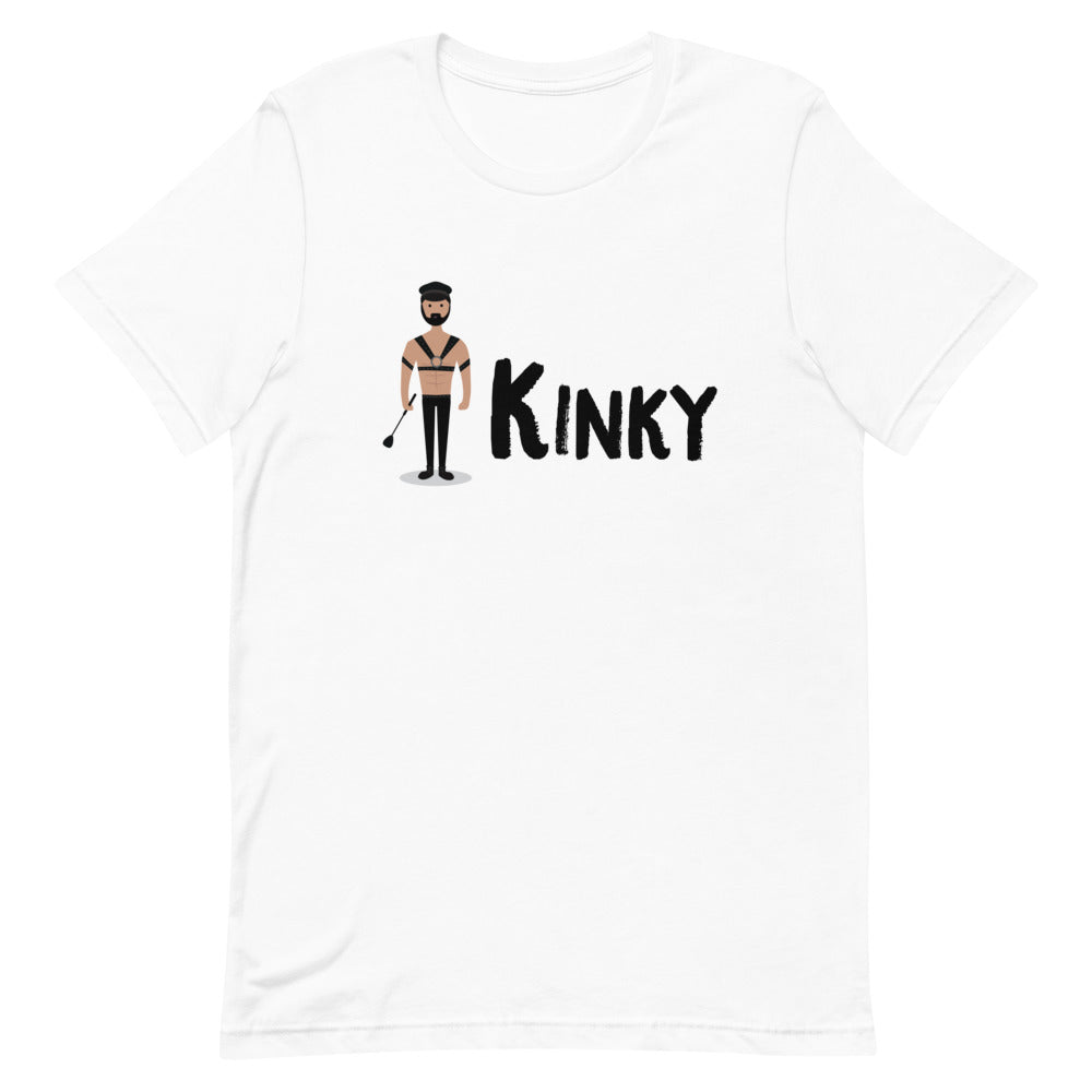 White T-shirt with a bearded leather-clad figure and the word “KINKY” in black