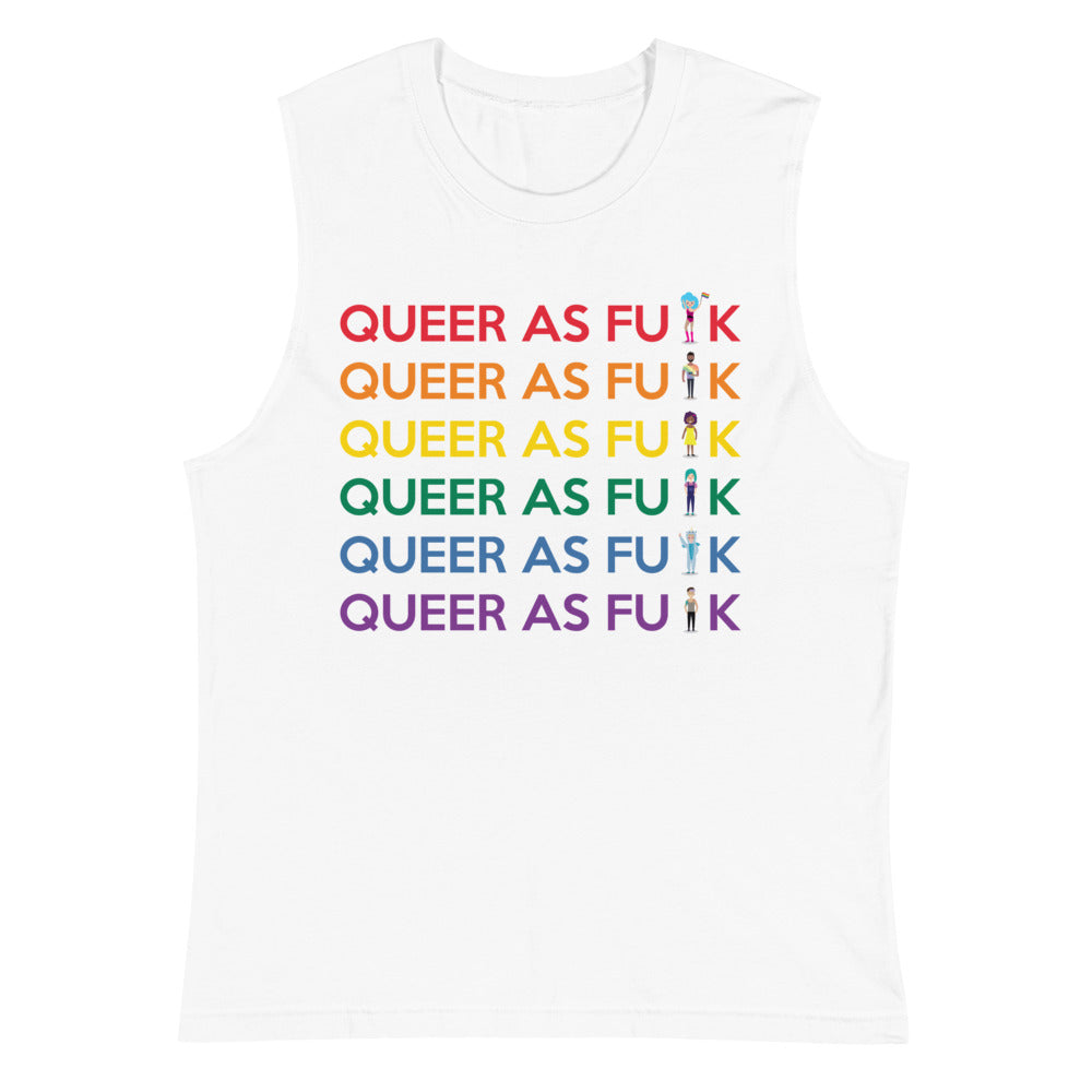 White muscle tank top with six rainbow lines reading “QUEER AS FU✂K” and tiny figures