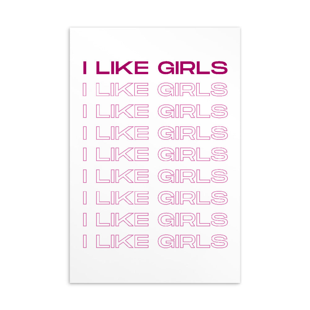 Postcard repeating “I LIKE GIRLS” in magenta and pink outlined lettering