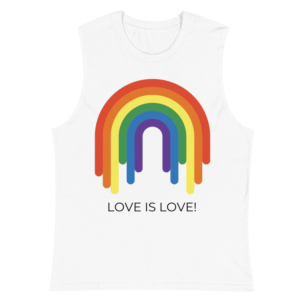 White muscle tank top with rainbow arch graphic and “LOVE IS LOVE!” slogan