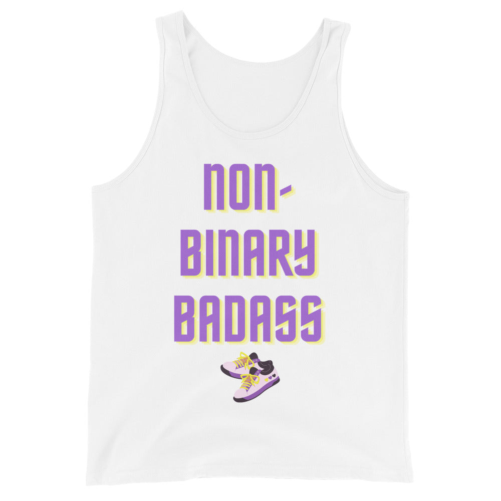 non binary clothing line: Non-Binary Badass unisex tank top worn by a smiling person at Pride