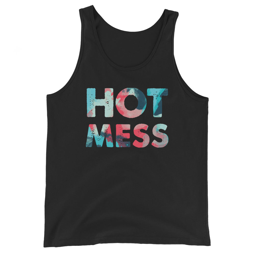 Black tank top with distressed multicolor “HOT MESS” lettering