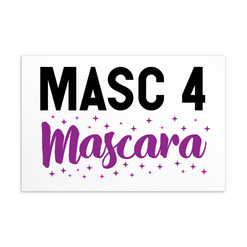 White postcard reading “MASC 4 Mascara” in black and purple lettering with magenta stars