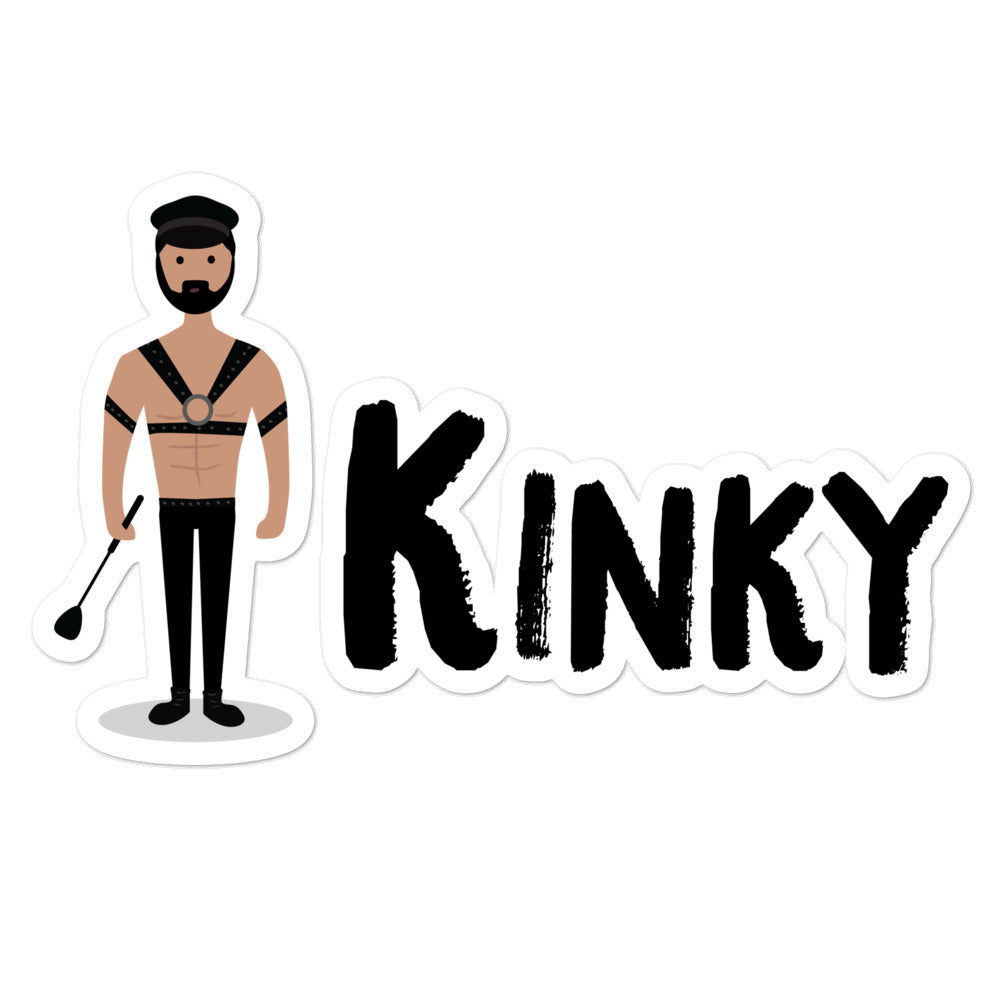 Kinky Bubble-Free Sticker shows a cartoon man in black leather gear holding a paddle, next to bold white and black "KINKY" text.