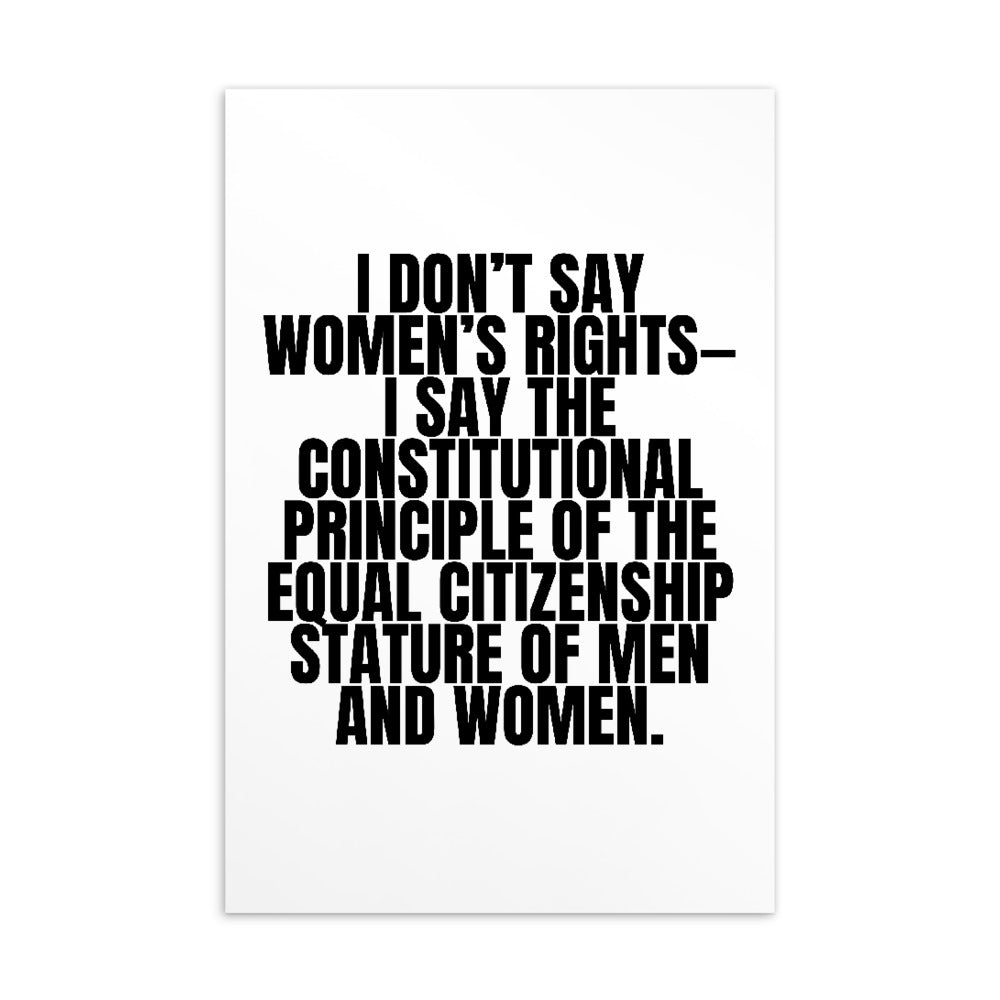 White postcard with bold black text about equal citizenship and the stature of men and women