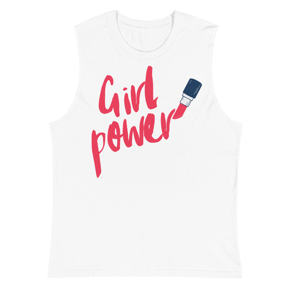 White muscle tank top with red “Girl Power” lettering and lipstick graphic