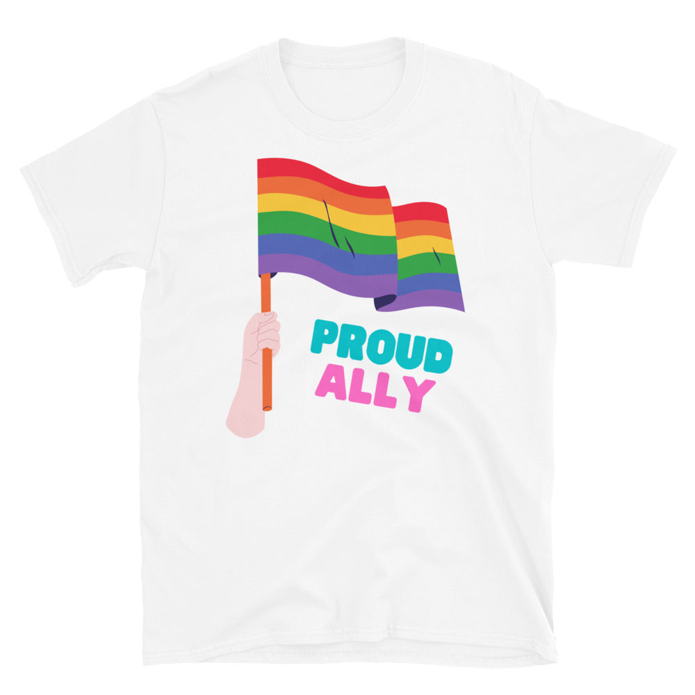 White T-shirt with rainbow Pride flag graphic and “PROUD ALLY” text