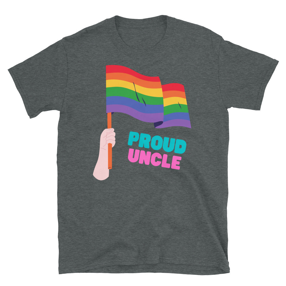 Gray T-shirt with rainbow flag graphic and “PROUD UNCLE” lettering