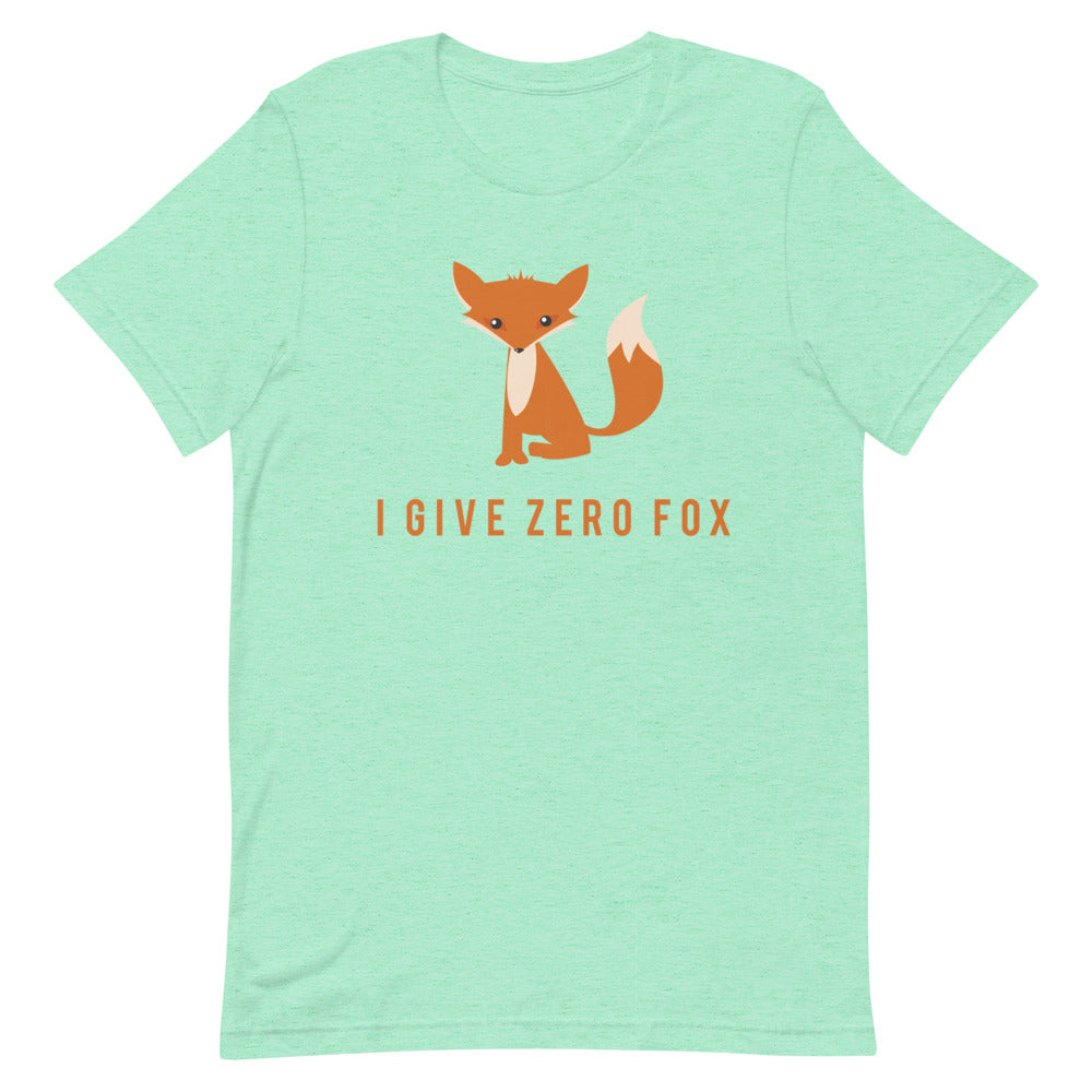 Mint green T-shirt with an orange fox graphic and “I GIVE ZERO FOX” slogan