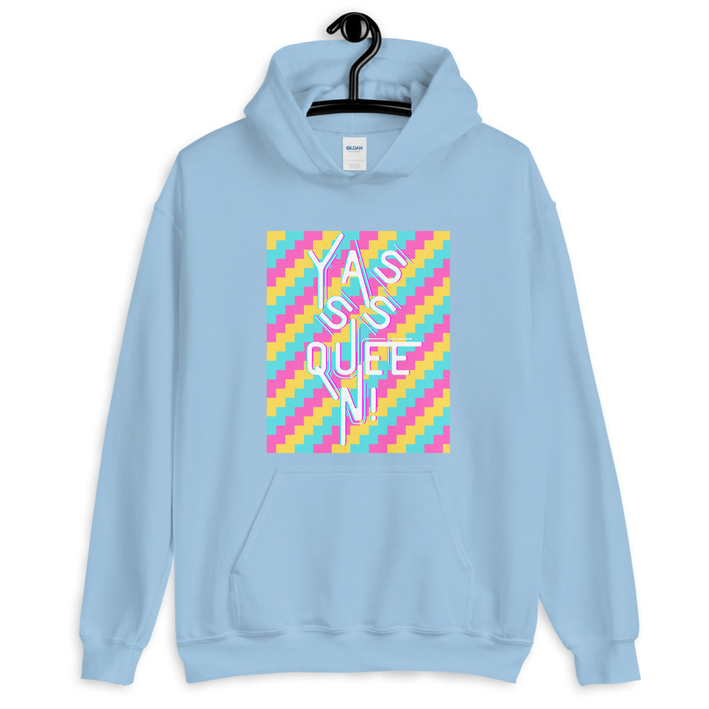 Light blue hoodie with colorful diagonal stripes and “Yasss Queen!” front graphic