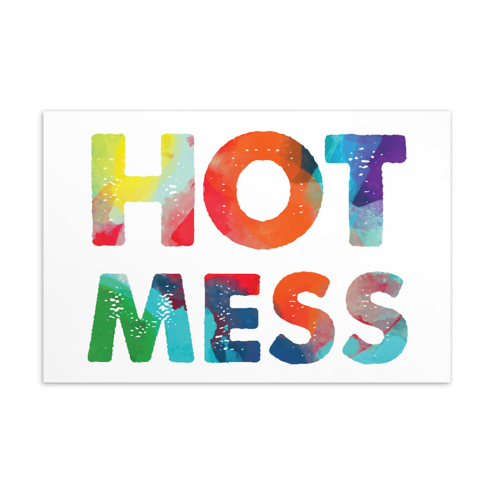 Postcard with colorful textured lettering spelling “HOT MESS”