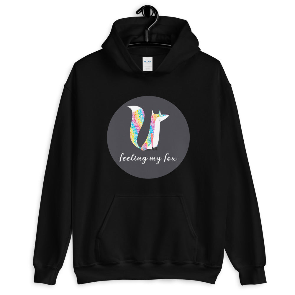 Black hoodie with colorful fox graphic and “feeling my fox” text