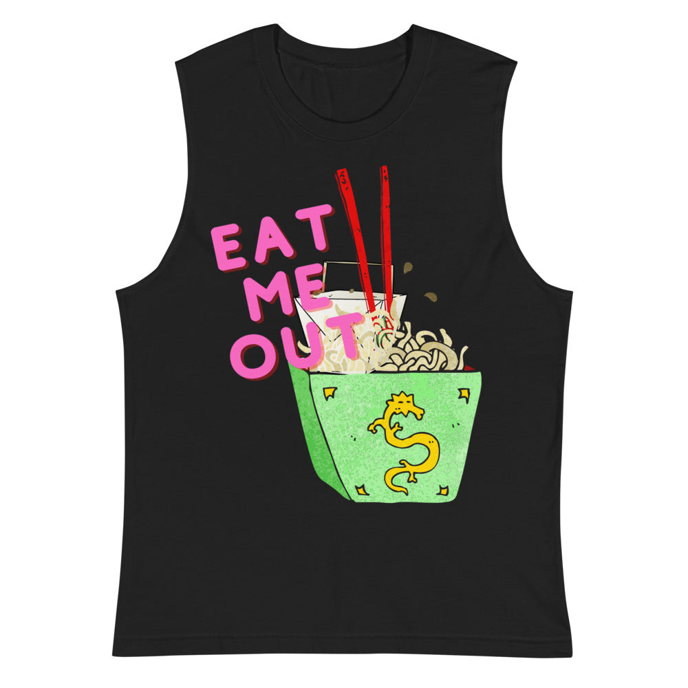 Black muscle tank top with pink “EAT ME OUT” text and illustrated takeout noodles