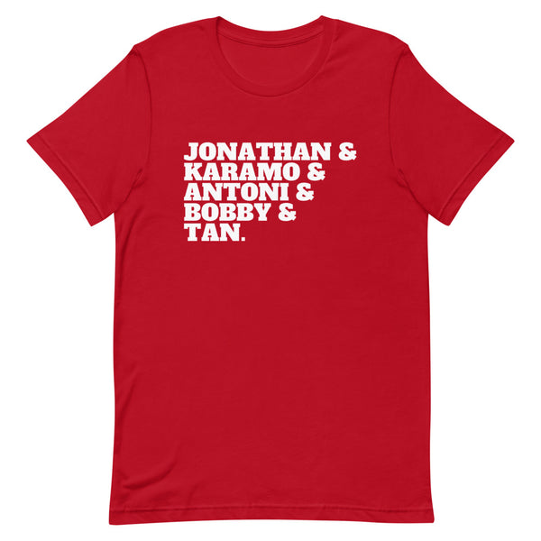 Red Jonathan & Karamo & Antoni & Bobby & Tan T-Shirt by Queer In The World Originals sold by Queer In The World: The Shop - LGBT Merch Fashion