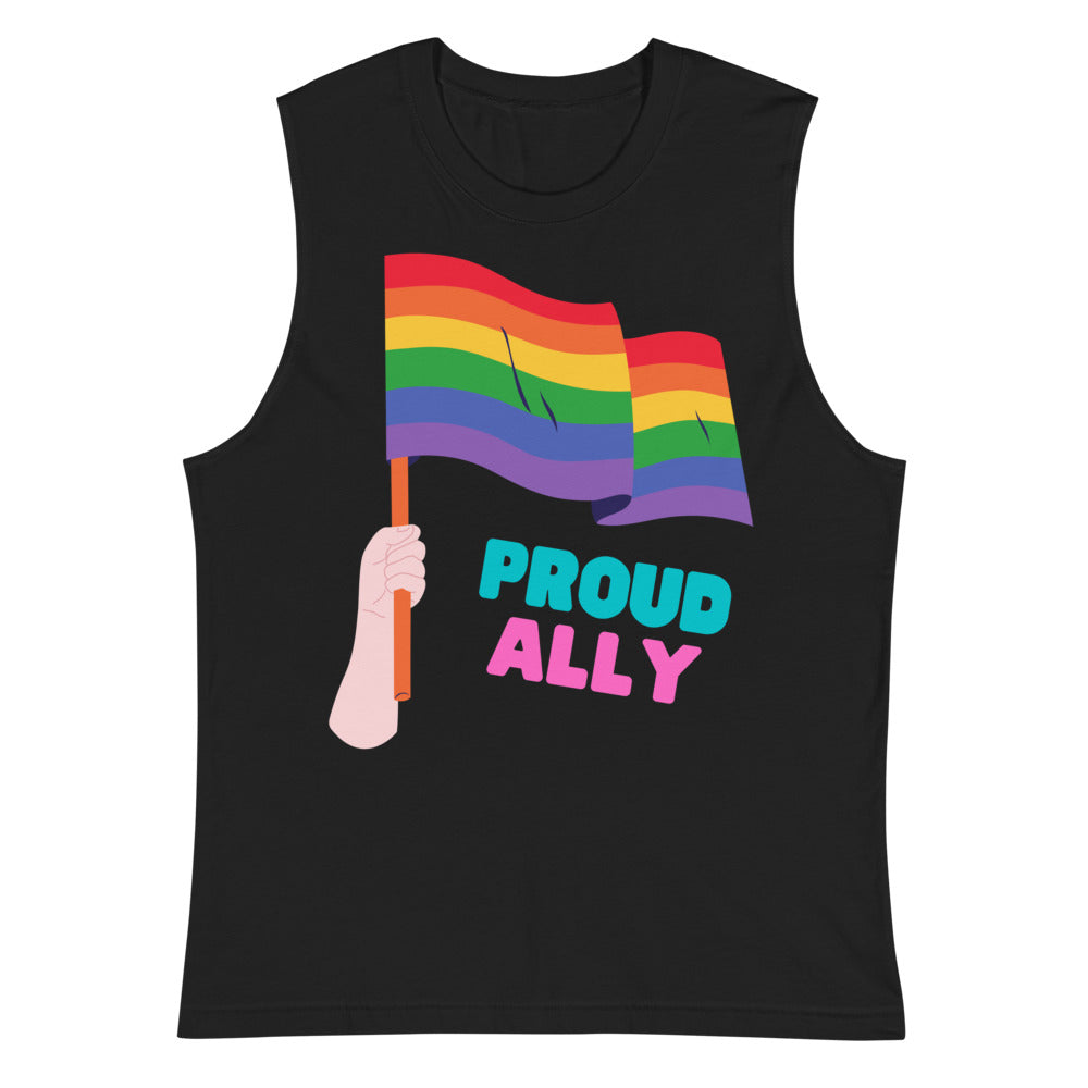 Black muscle tank top with rainbow flag graphic and colorful “PROUD ALLY” lettering