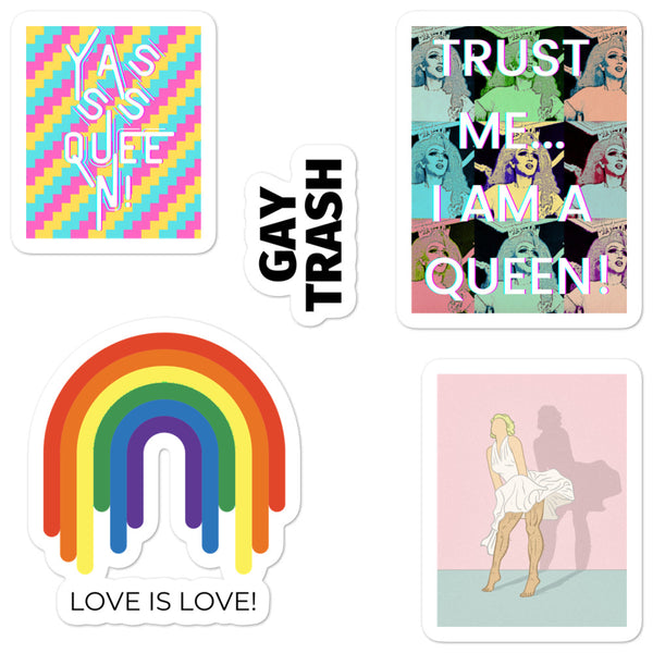 Queer sticker set with colorful rainbow, “GAY TRASH,” “TRUST ME… I AM A QUEEN!” and illustrated designs