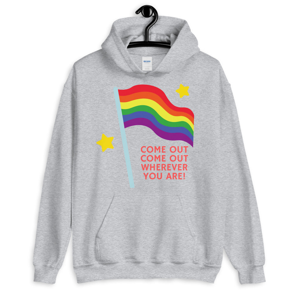 Gray unisex hoodie with rainbow flag graphic, yellow stars, and “COME OUT COME OUT WHEREVER YOU ARE!” text