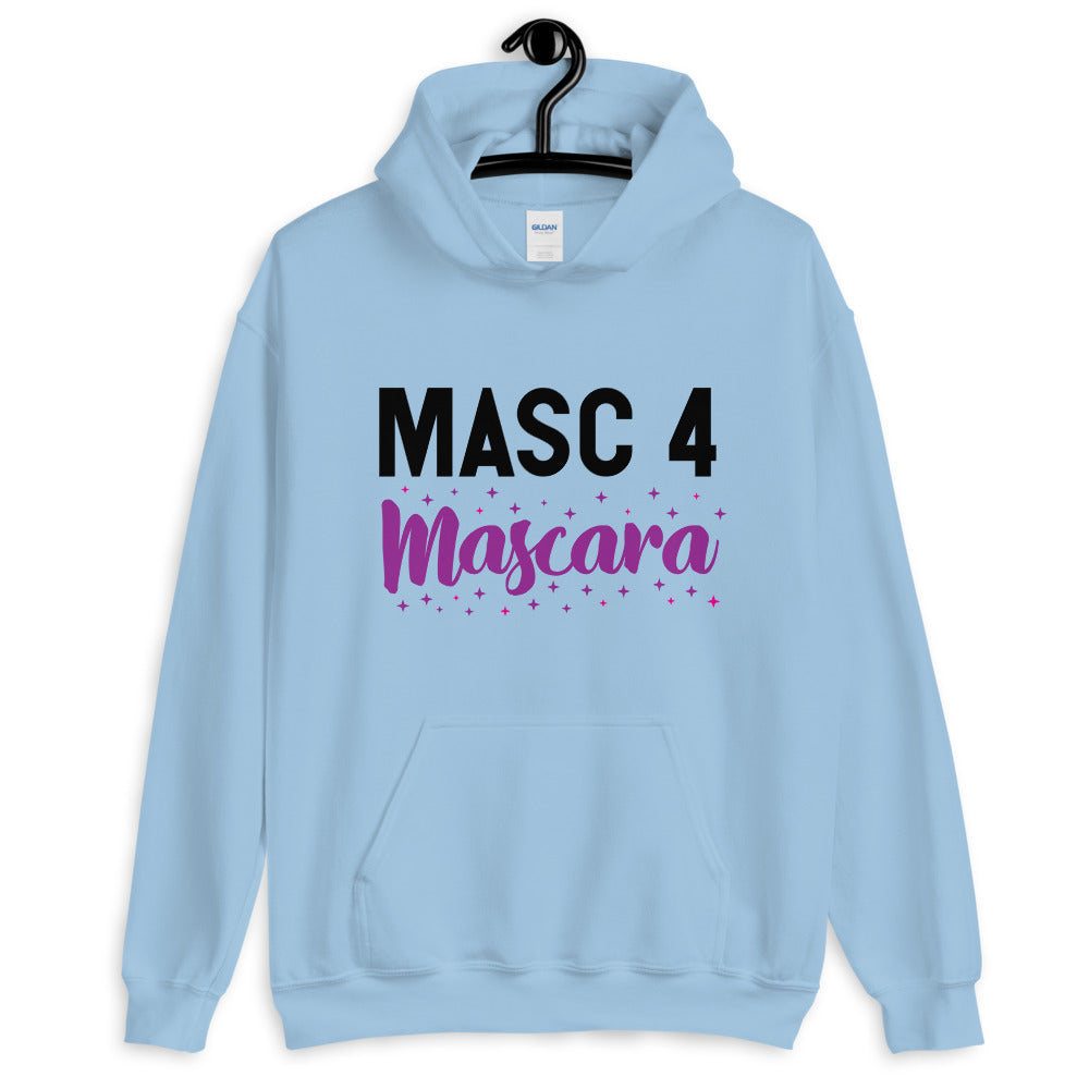 Light blue hoodie with a front pocket and “MASC 4 Mascara” starburst graphic
