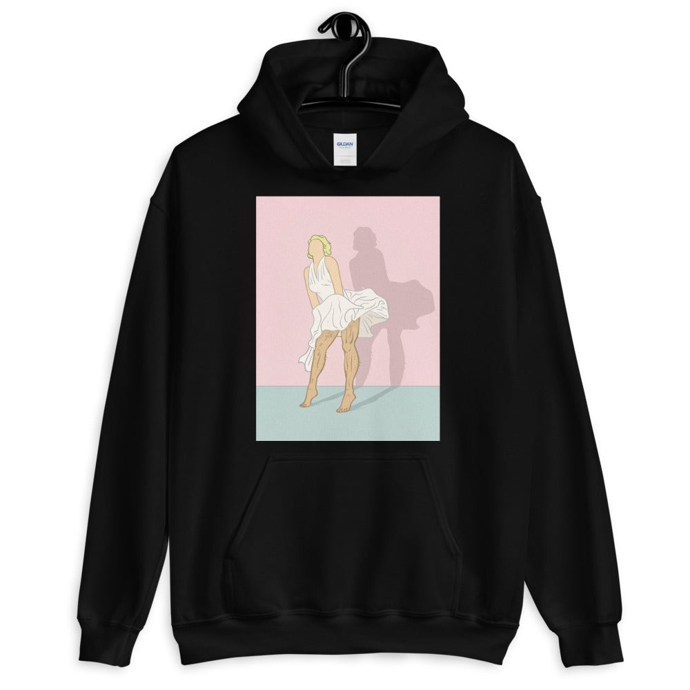 Black pullover hoodie with a pink and blue-toned vintage-style illustration of a woman in a white dress