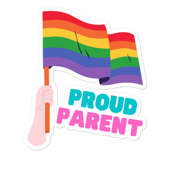 Proud Parent sticker with a rainbow flag and illustrated hand holding a sign