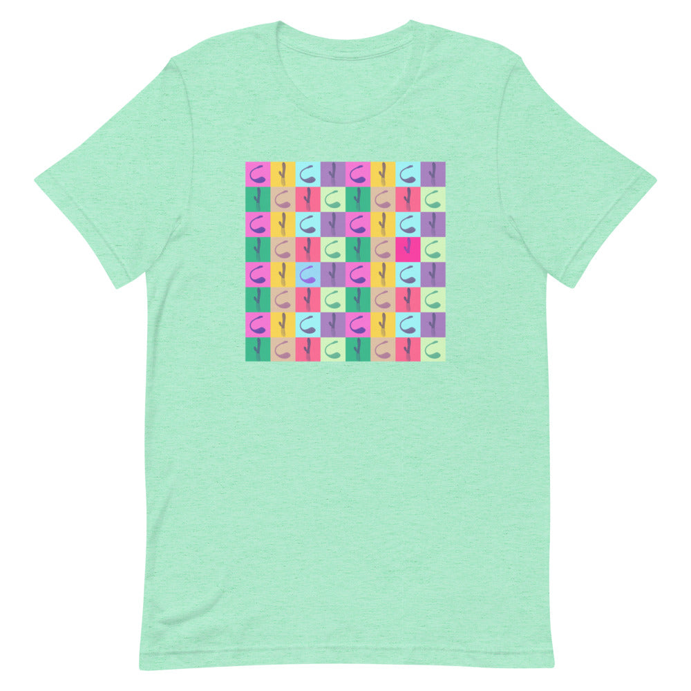 Vibrator Pop Art T-Shirt in soft cotton, featuring a bold, colorful grid. Neon pink, blue, and orange lights add a retro queer vibe.