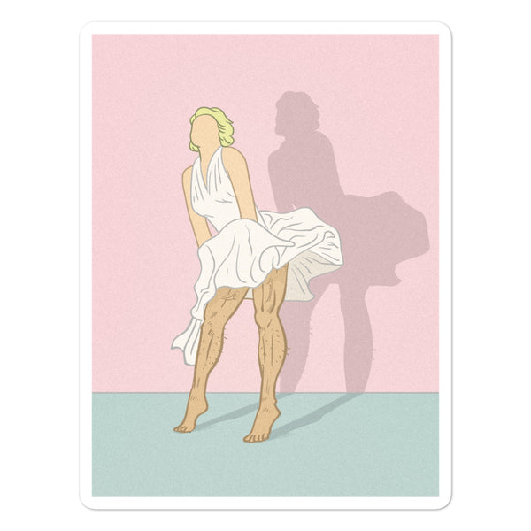 Illustrated sticker of a blonde figure in a white dress with a large pink shadow