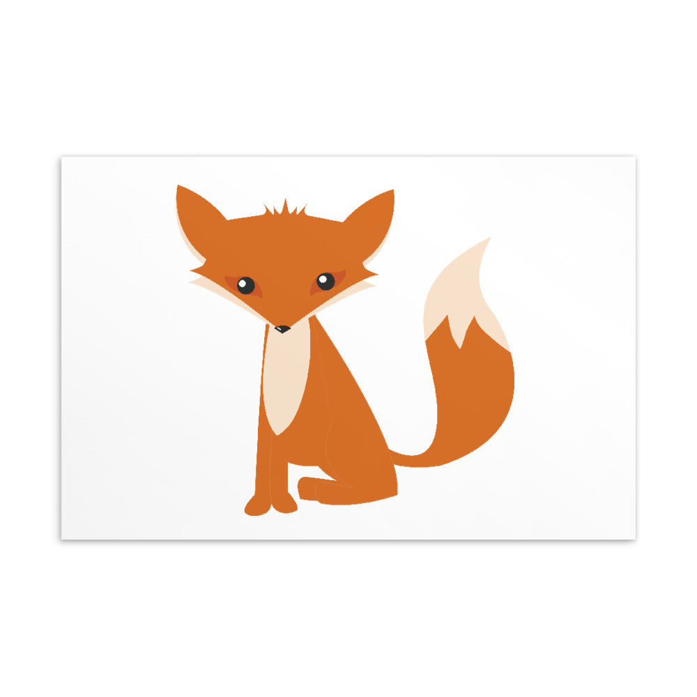 Postcard featuring a stylized orange fox sitting against a white background