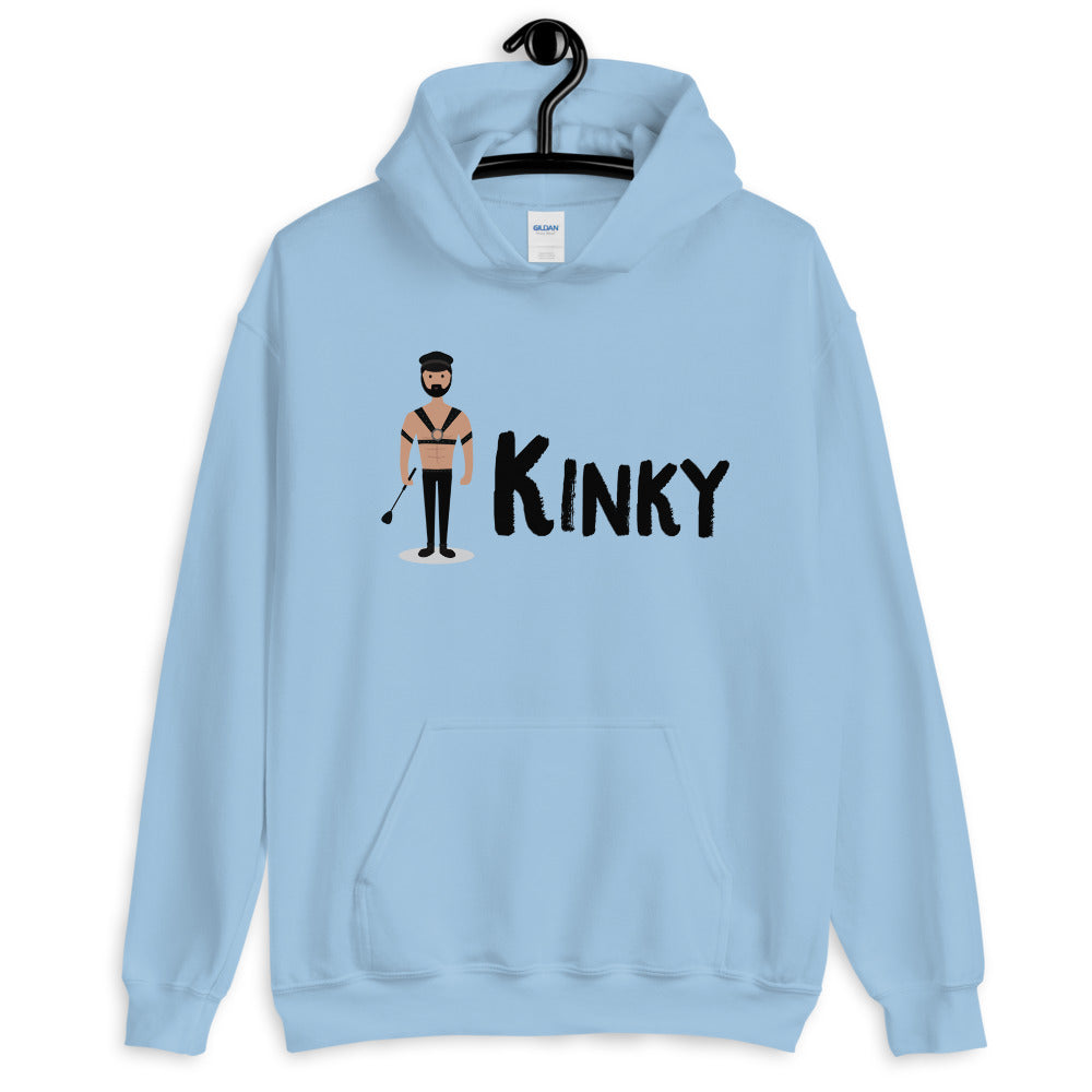 Light blue hoodie with a leather-clad figure and the word “KINKY” in black lettering