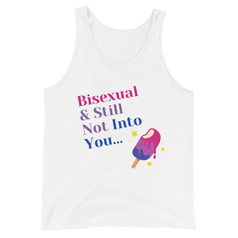 White tank top reading “Bisexual & Still Not Into You...” with a melting bisexual-color popsicle