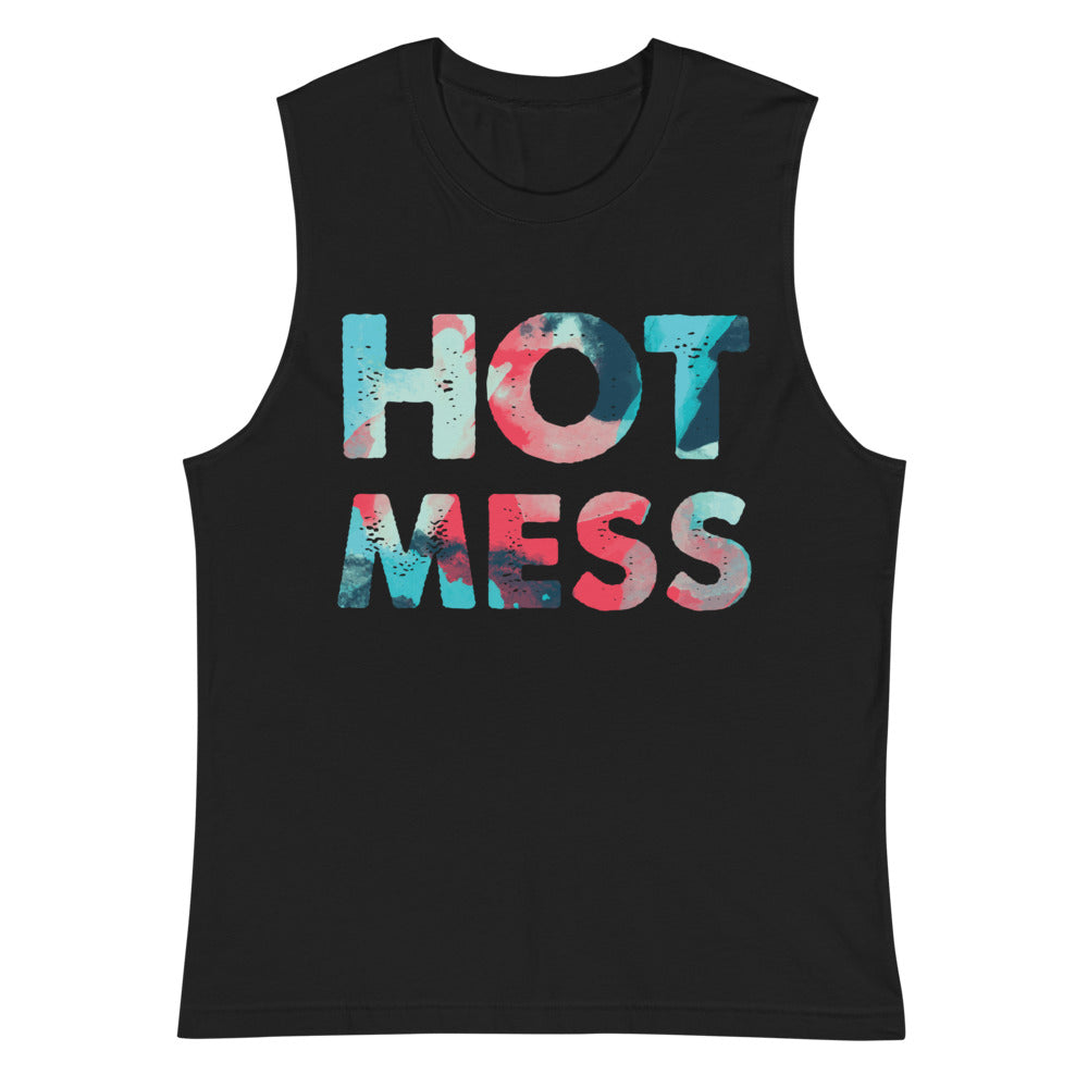 Black muscle tank top with colorful distressed “HOT MESS” lettering