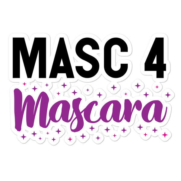 Bubble-free sticker reading “MASC 4 Mascara” in black and purple with star accents
