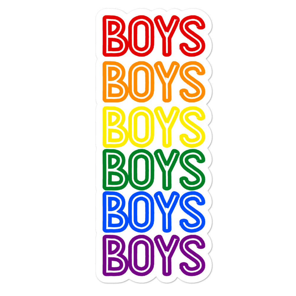 Vertical sticker reading “BOYS” six times in red, orange, yellow, green, blue, and purple