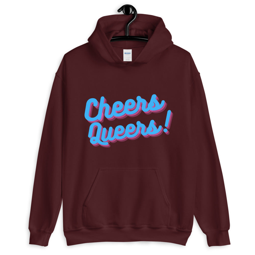 Maroon pullover hoodie with a front pocket and colorful “Cheers Queers!” lettering
