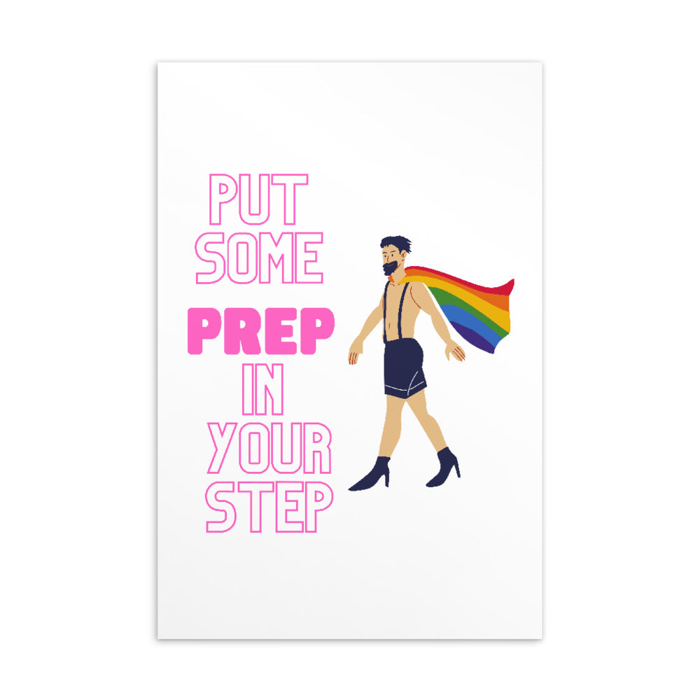 Postcard reading “PUT SOME PREP IN YOUR STEP” with a caped figure in heels and a rainbow flag