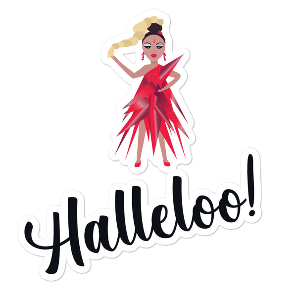 Halleloo! sticker featuring a drag queen in a dramatic red spiked gown