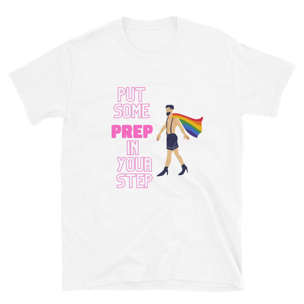 White T-shirt reading “PUT SOME PREP IN YOUR STEP” with a caped figure in rainbow colors