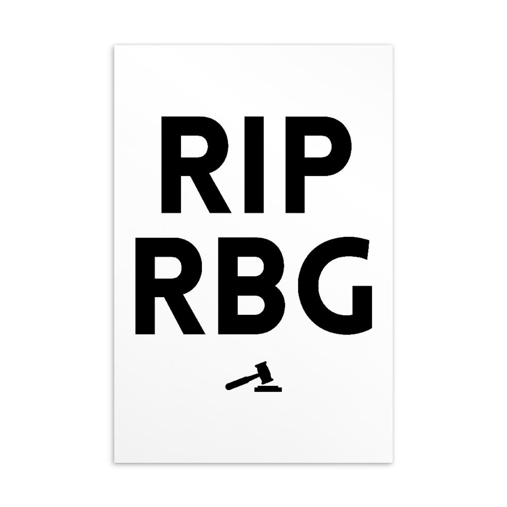 White postcard with bold black “RIP RBG” lettering and a small gavel graphic