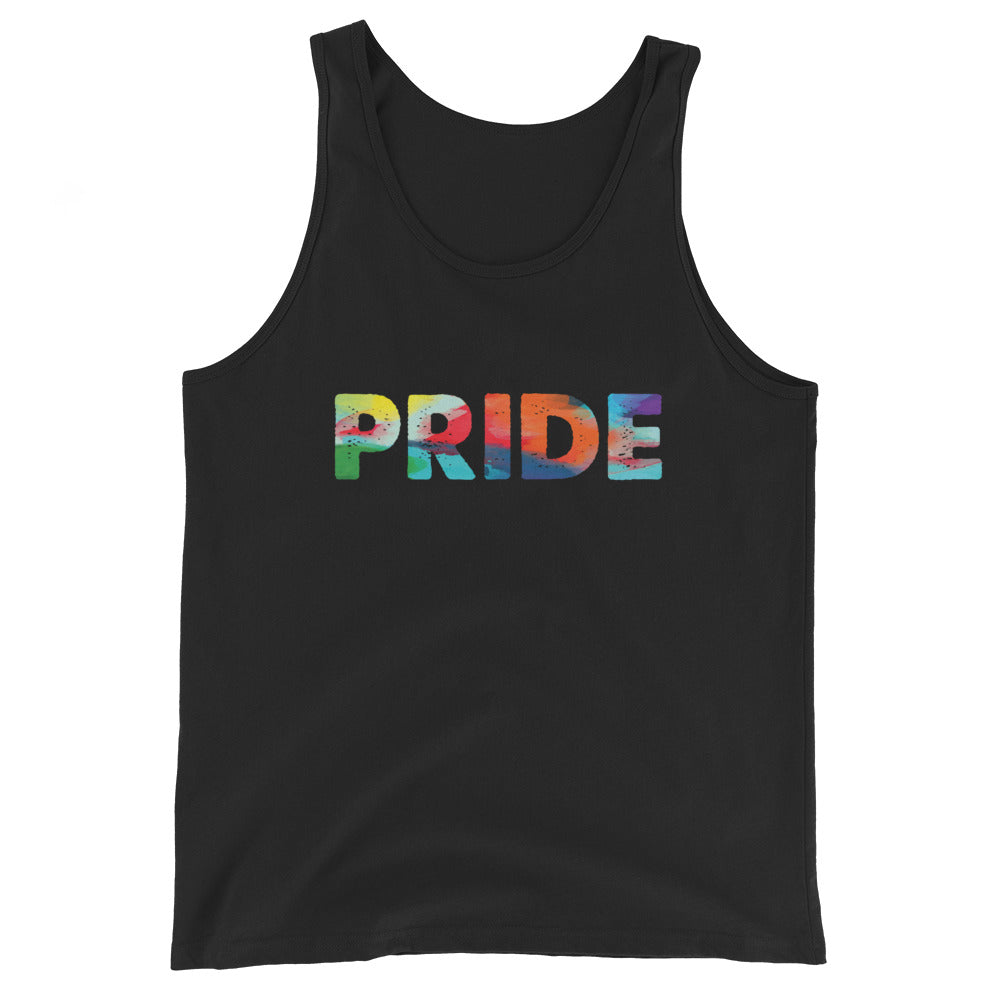 Black unisex tank top with multicolored distressed “PRIDE” lettering