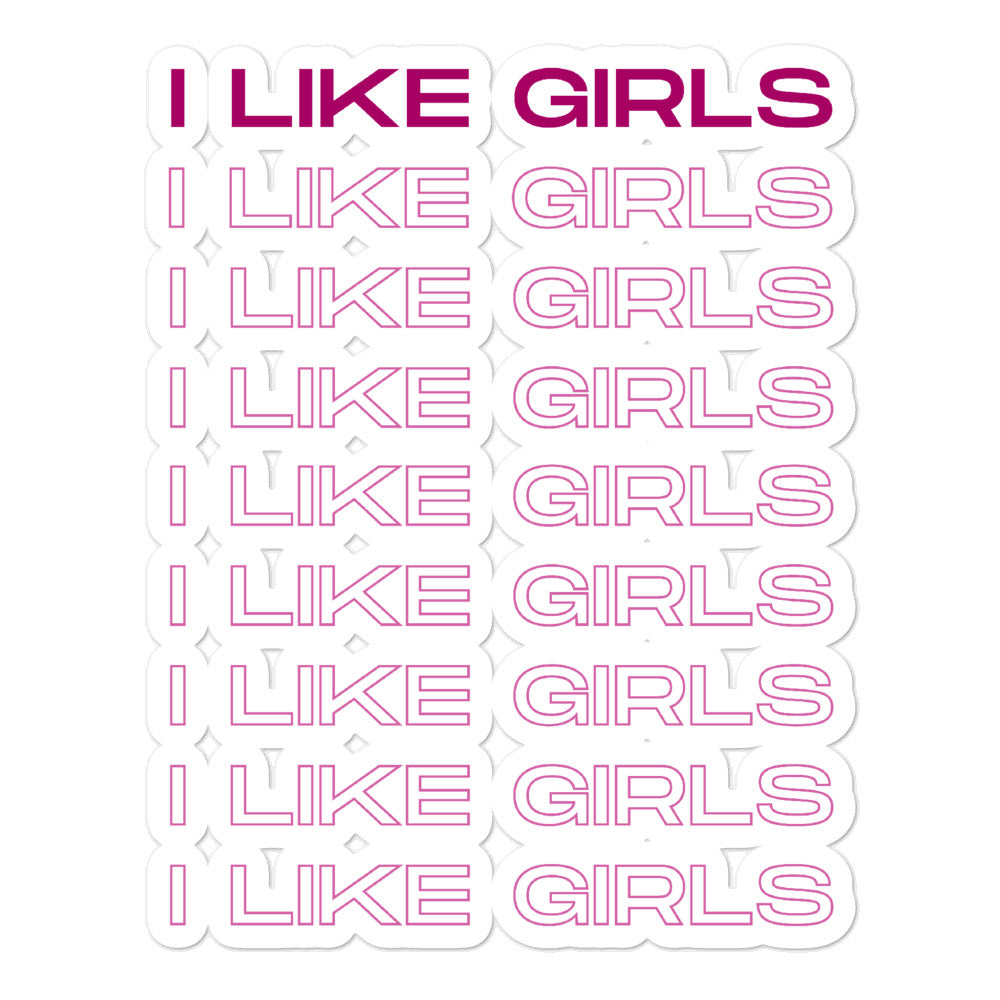 Sheet of white bubble-free stickers reading “I LIKE GIRLS” in magenta lettering