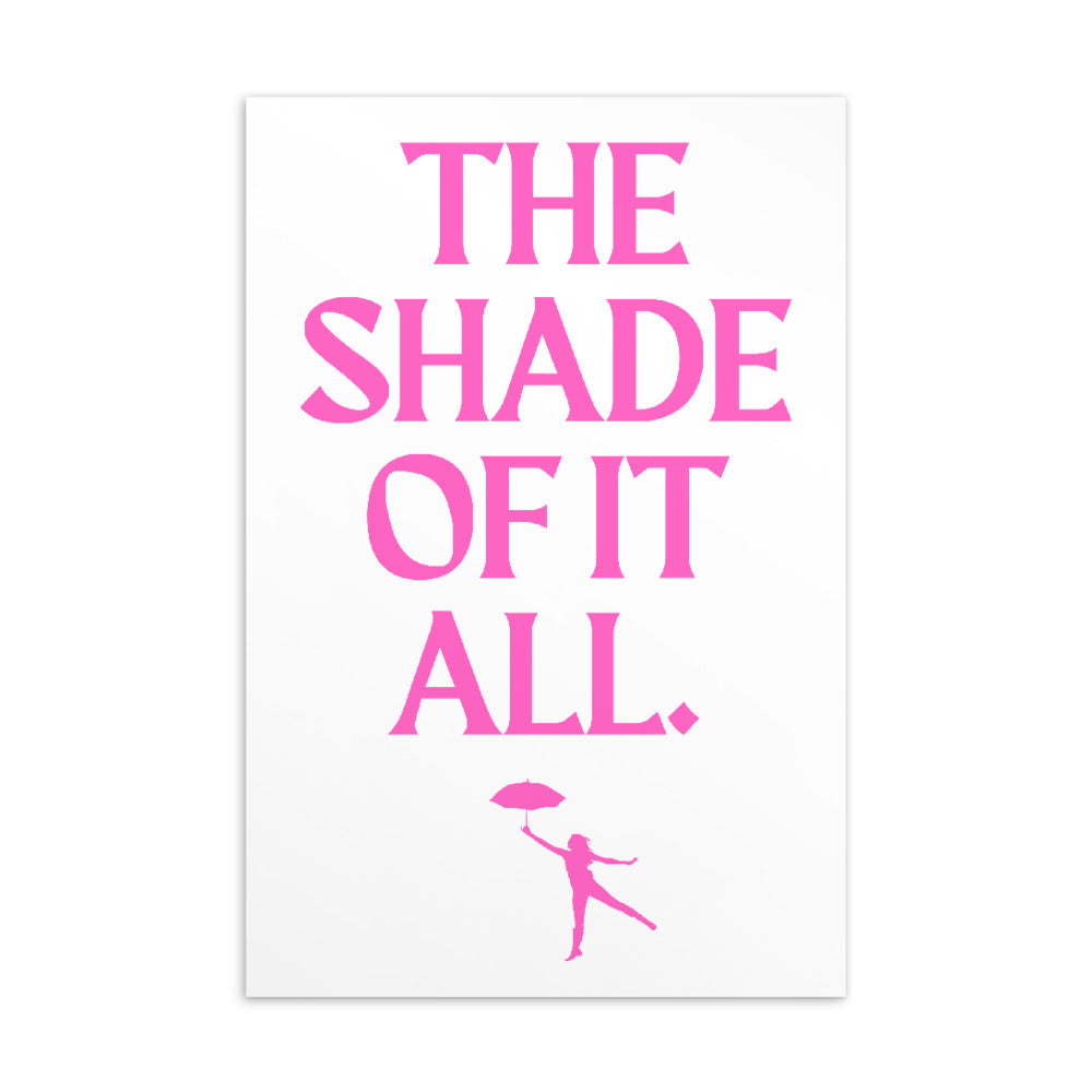Postcard reading “THE SHADE OF IT ALL” in pink, with a pink umbrella silhouette below