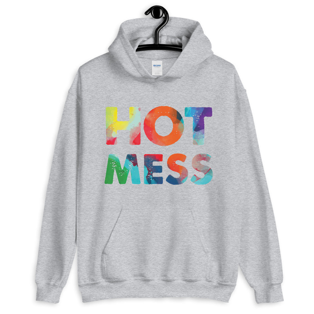 Gray pullover hoodie with colorful distressed “HOT MESS” lettering