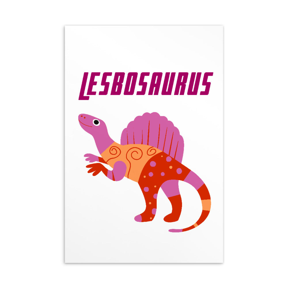 Close-up of a Lesbosaurus postcard with a colorful pink and orange dinosaur illustration
