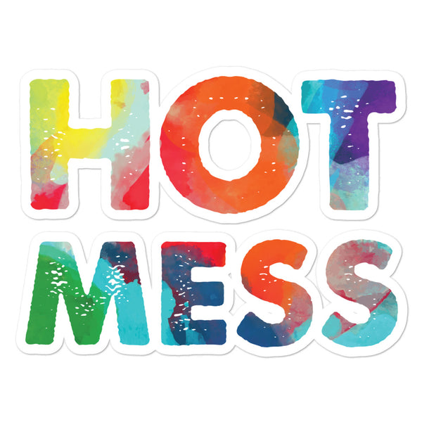 “HOT MESS” bubble-free sticker with colorful watercolor-style lettering