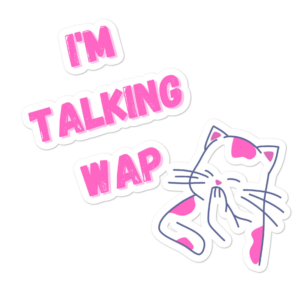 Pink-and-white “I'M TALKING WAP” cat stickers with a playful waving cat design