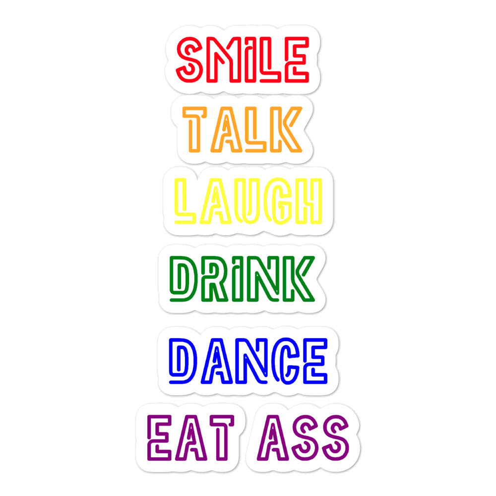 Bubble-free sticker sheet with colorful outlined words: “SMILE TALK LAUGH DRINK DANCE EAT ASS”