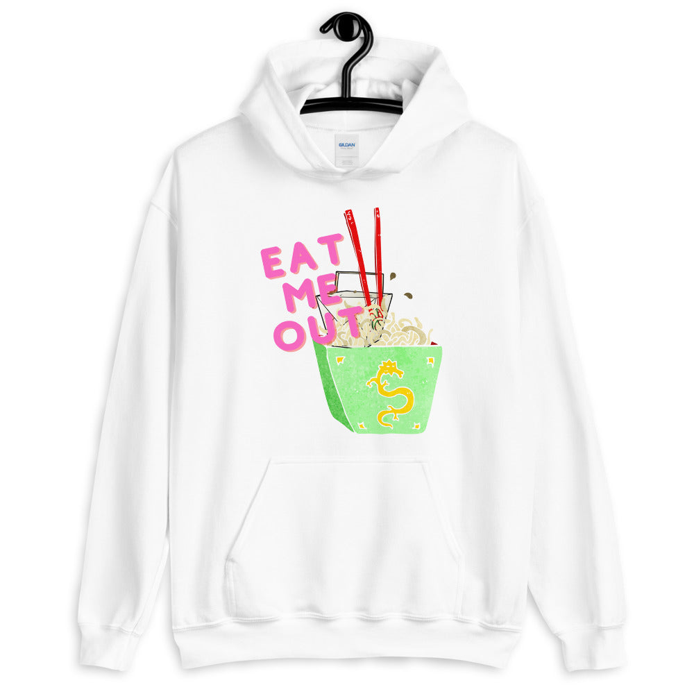 White hoodie with pink “EAT ME OUT” text and illustrated green noodle bowl