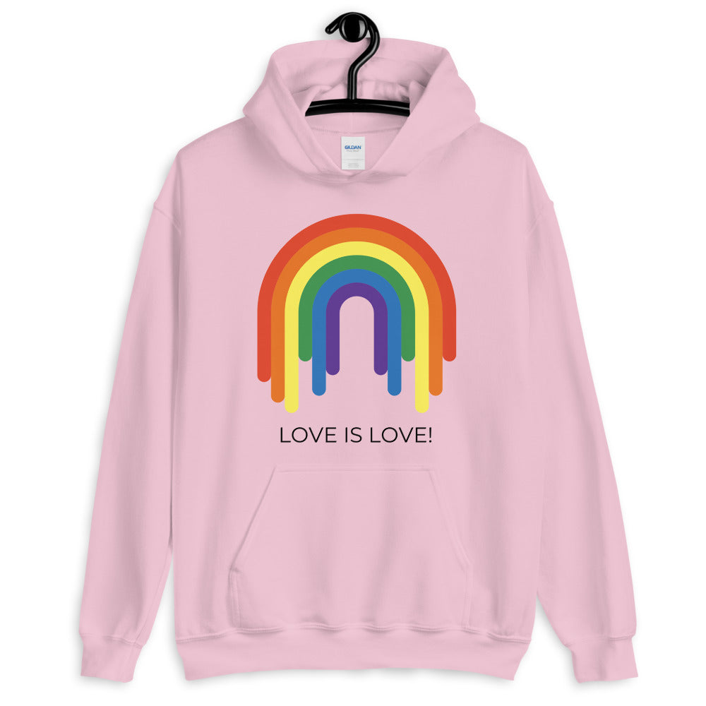 Pink hoodie with rainbow arches and “LOVE IS LOVE!” printed on the front
