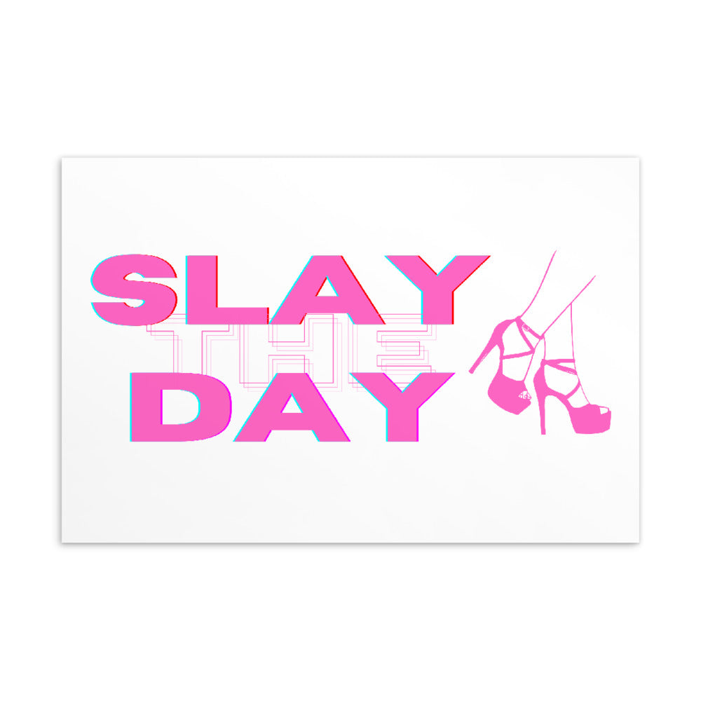 “SLAY THE DAY” postcard with pink high-heel silhouettes and layered outlined lettering